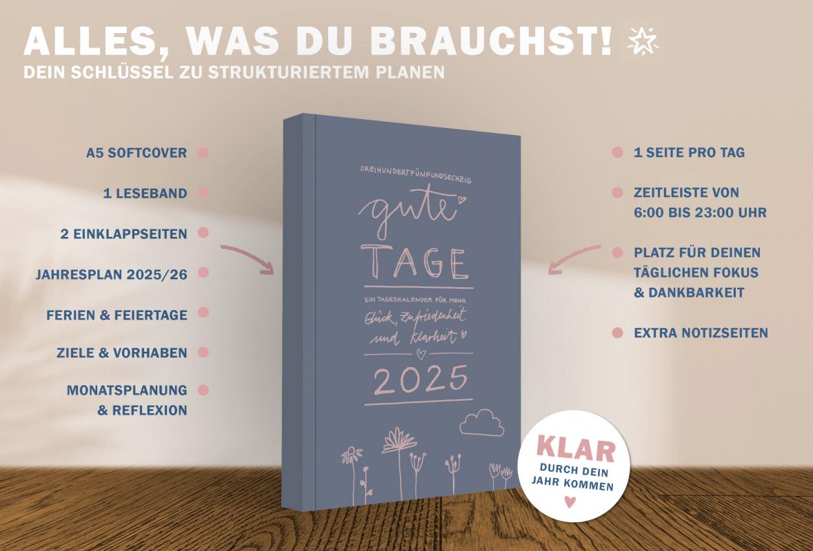 Detailansicht Monatsübersicht A5 Terminkalender 2025, blau rosa weiß